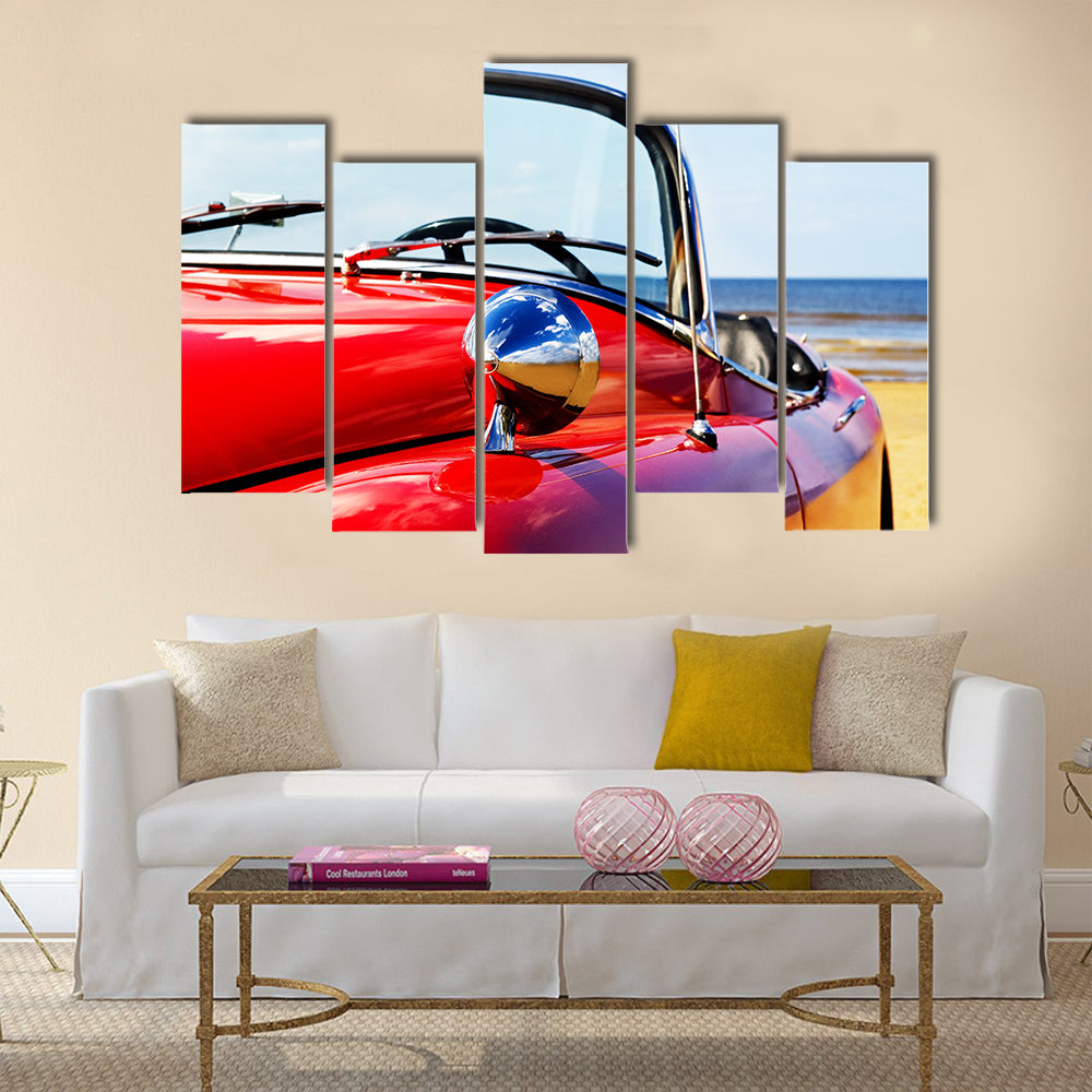 Old classic red car at beach Multi panel canvas wall art