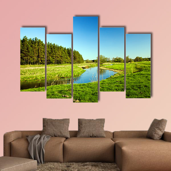The small river in summertime of year, Belarus multi panel canvas wall art