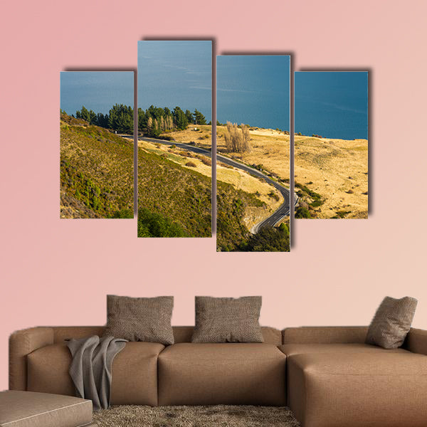 Aerial view of road along Lake Wakatipu, New Zealand multi panel canvas wall art