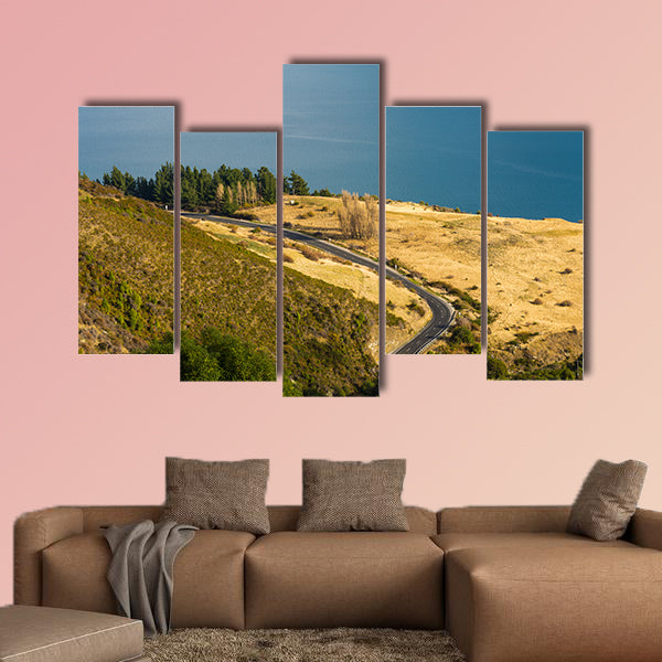 Aerial view of road along Lake Wakatipu, New Zealand multi panel canvas wall art