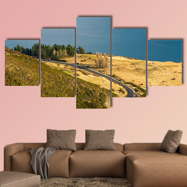 Aerial view of road along Lake Wakatipu, New Zealand multi panel canvas wall art