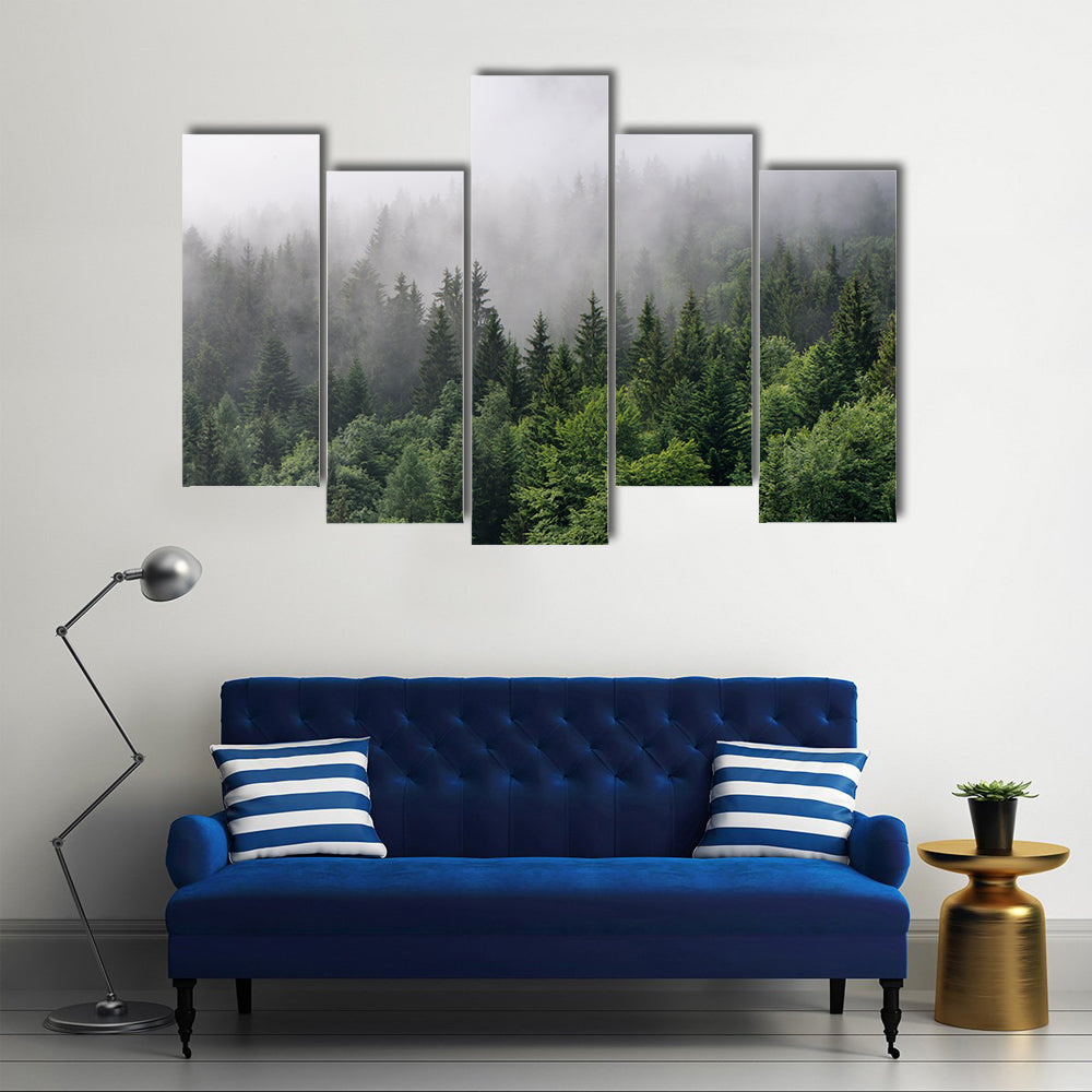 Over Lush Wilderness, Tall Trees In An Evergreen Forest, Multi Panel Canvas Wall Art