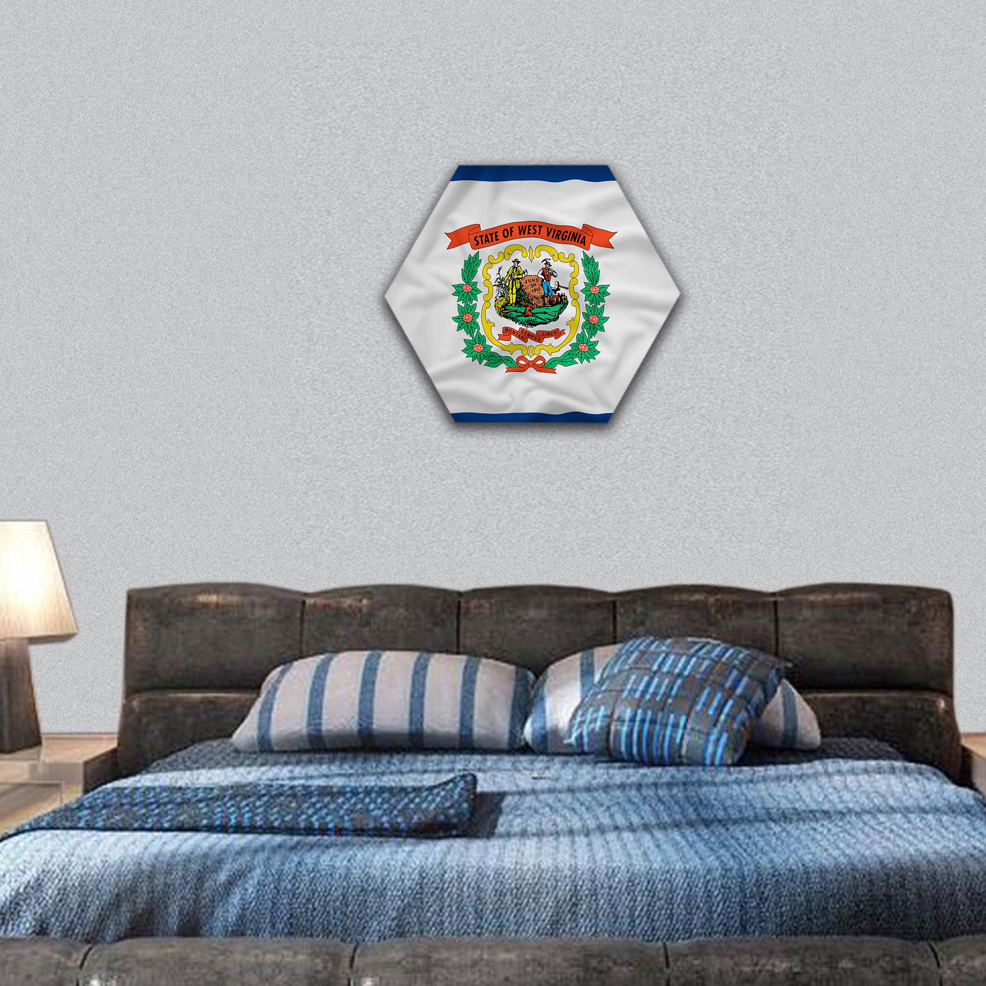 West Virginia flag on the fabric texture hexagonal canvas wall art