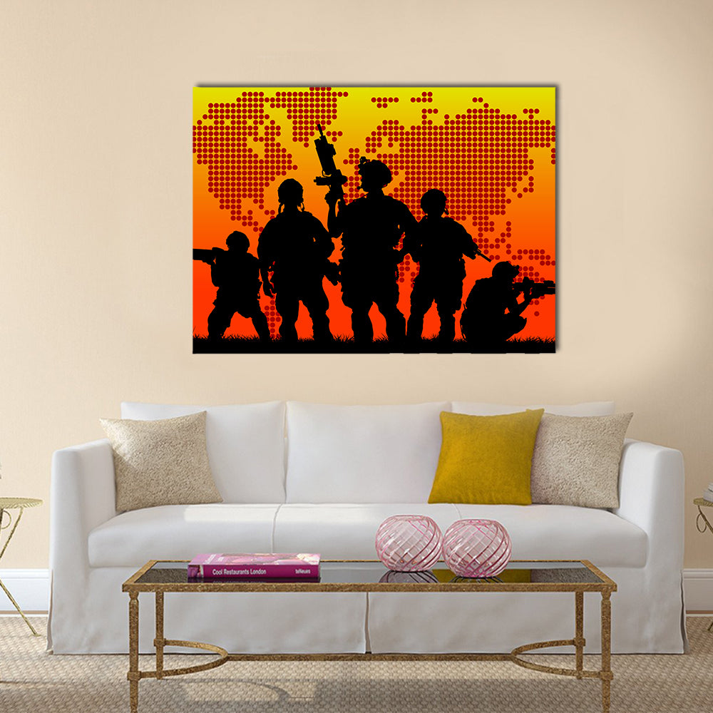 Silhouette of military soldier or officer with weapons at sunset. shot, holding gun, colorful sky, background Multi Panel Canvas Wall Art