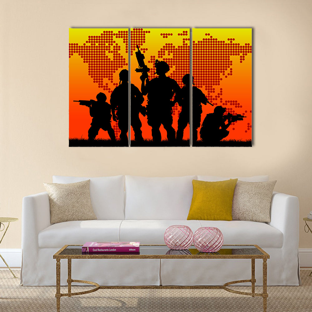 Silhouette of military soldier or officer with weapons at sunset. shot, holding gun, colorful sky, background Multi Panel Canvas Wall Art