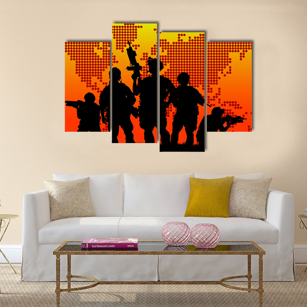 Silhouette of military soldier or officer with weapons at sunset. shot, holding gun, colorful sky, background Multi Panel Canvas Wall Art