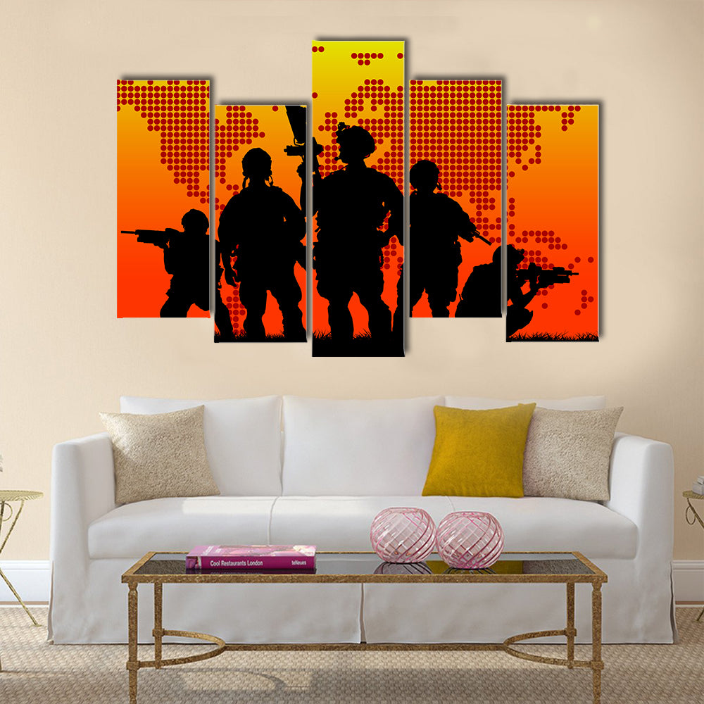 Silhouette of military soldier or officer with weapons at sunset. shot, holding gun, colorful sky, background Multi Panel Canvas Wall Art