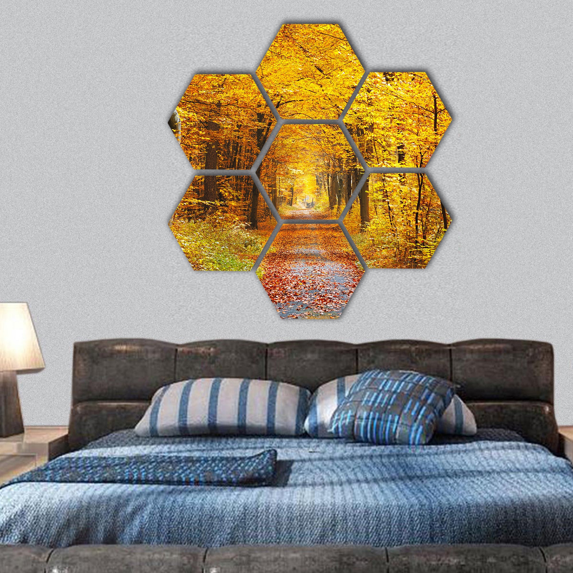 Road in the autumn forest hexagonal canvas wall art