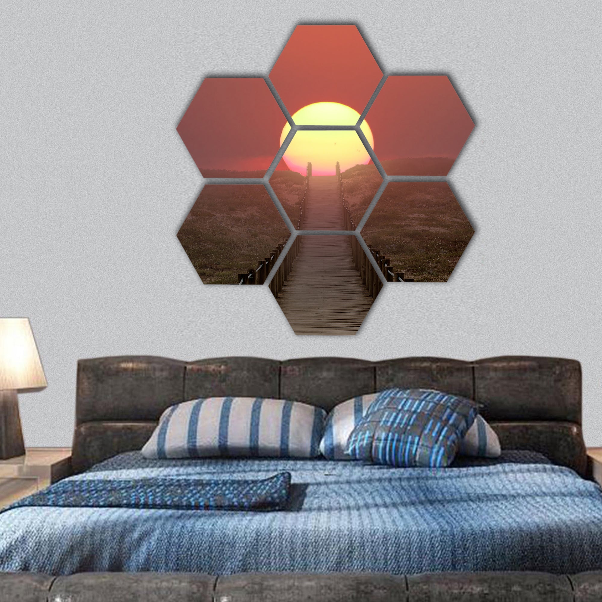 Wooden walkway over a dune near the sea hexagonal canvas wall art