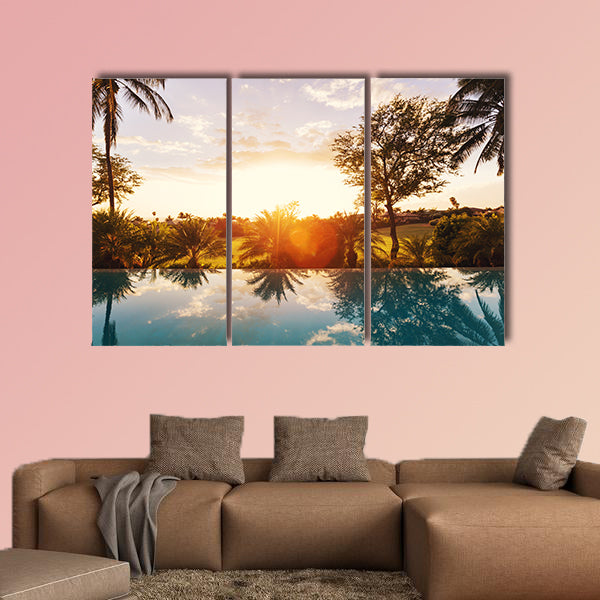 Beautiful Luxury Home with Swimming Pool at Sunset Multi panel canvas wall art