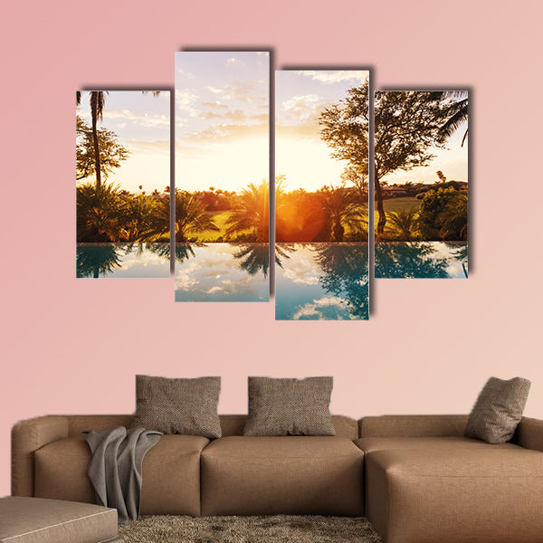 Beautiful Luxury Home with Swimming Pool at Sunset Multi panel canvas wall art