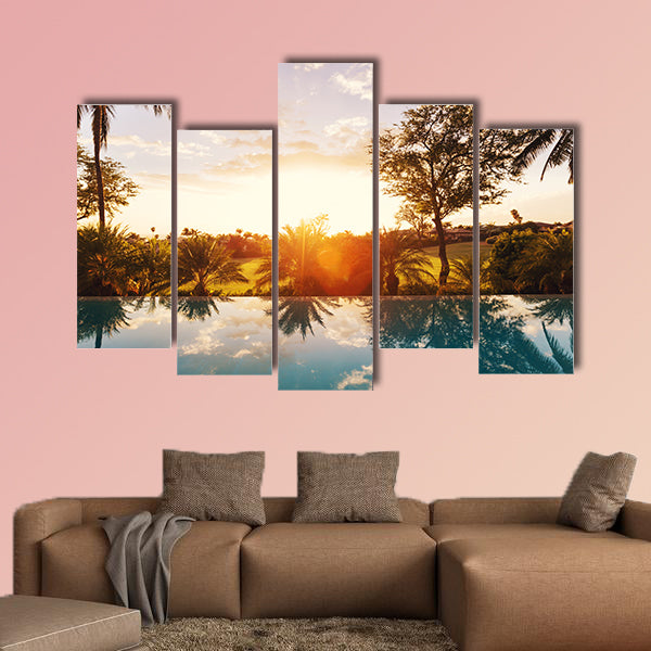 Beautiful Luxury Home with Swimming Pool at Sunset Multi panel canvas wall art