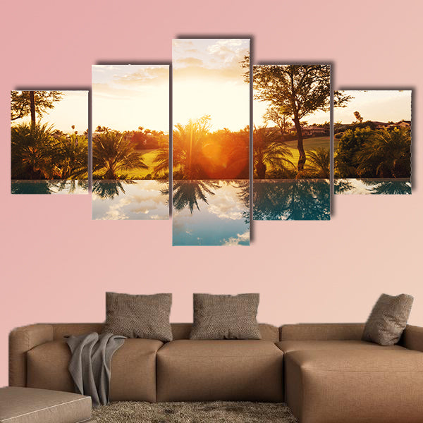 Beautiful Luxury Home with Swimming Pool at Sunset Multi panel canvas wall art