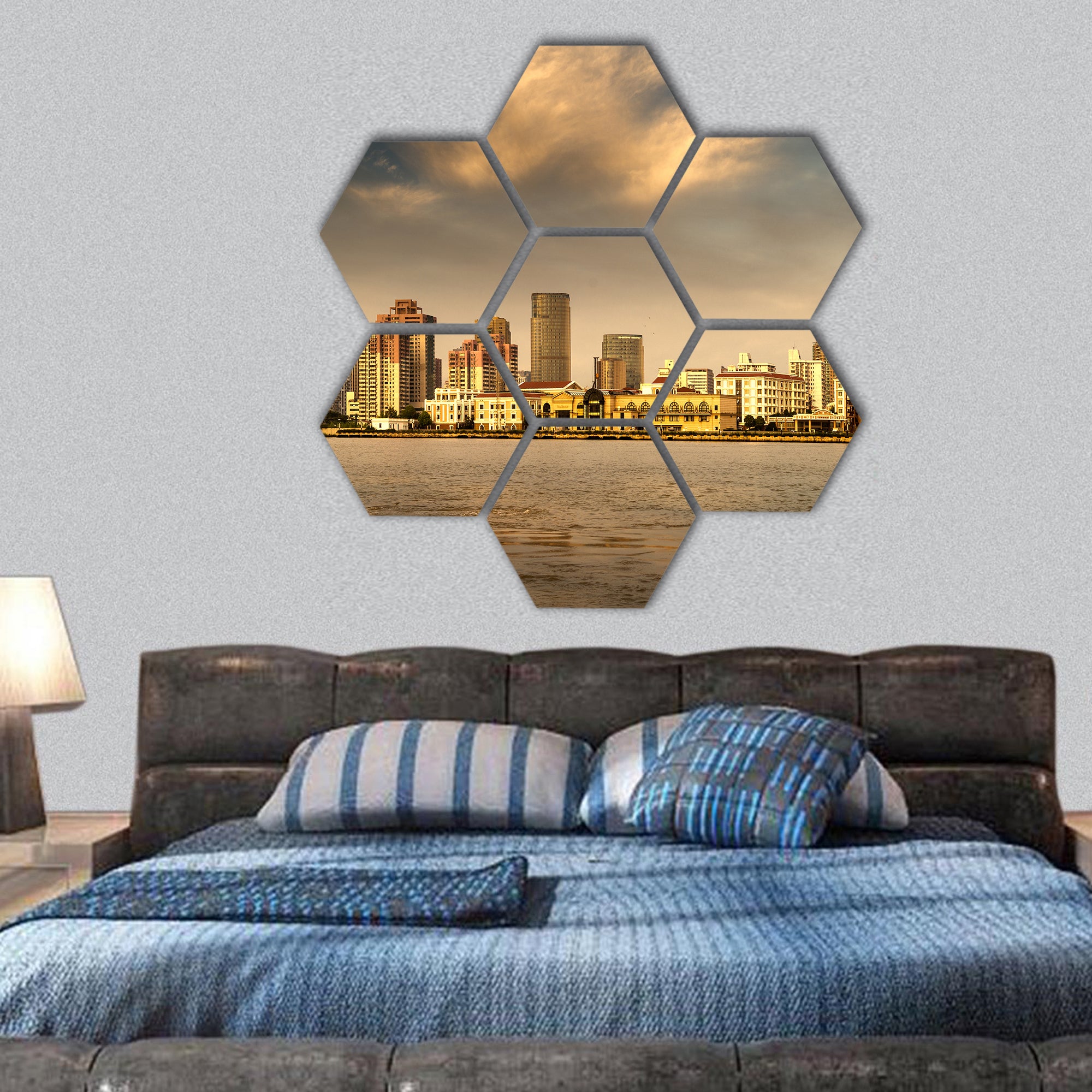 City in the setting sun hexagonal canvas wall art