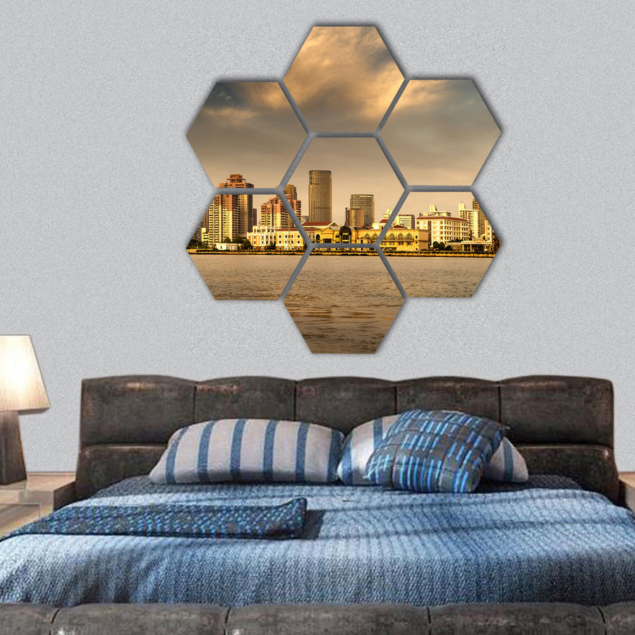 City in the setting sun hexagonal canvas wall art