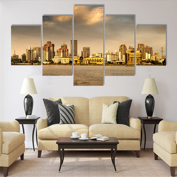 City in the setting sun Multi Panel Canvas Wall Art