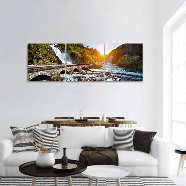 Latefossen Waterfall Odda Norway twin waterfall Panoramic Canvas Wall Art