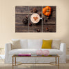 Cup of coffee with heart shape and pine cone with acorn and pumpkin Multi Panel Canvas Wall Art