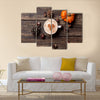 Cup of coffee with heart shape and pine cone with acorn and pumpkin Multi Panel Canvas Wall Art