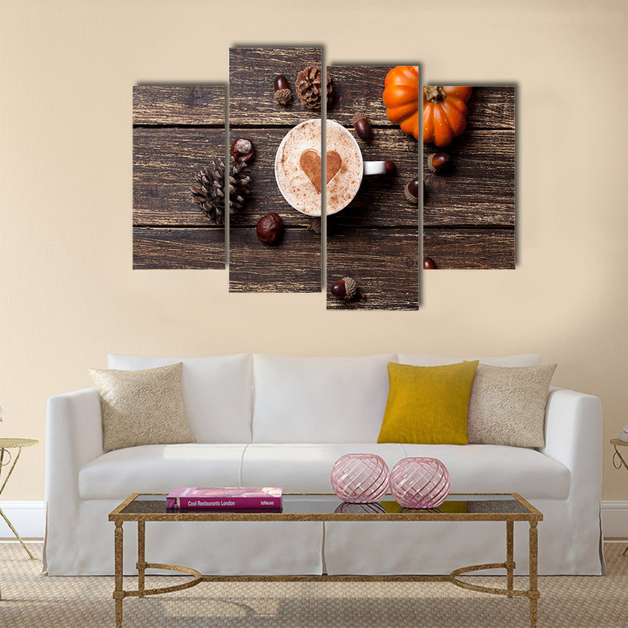 Cup of coffee with heart shape and pine cone with acorn and pumpkin Multi Panel Canvas Wall Art