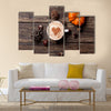 Cup of coffee with heart shape and pine cone with acorn and pumpkin Multi Panel Canvas Wall Art