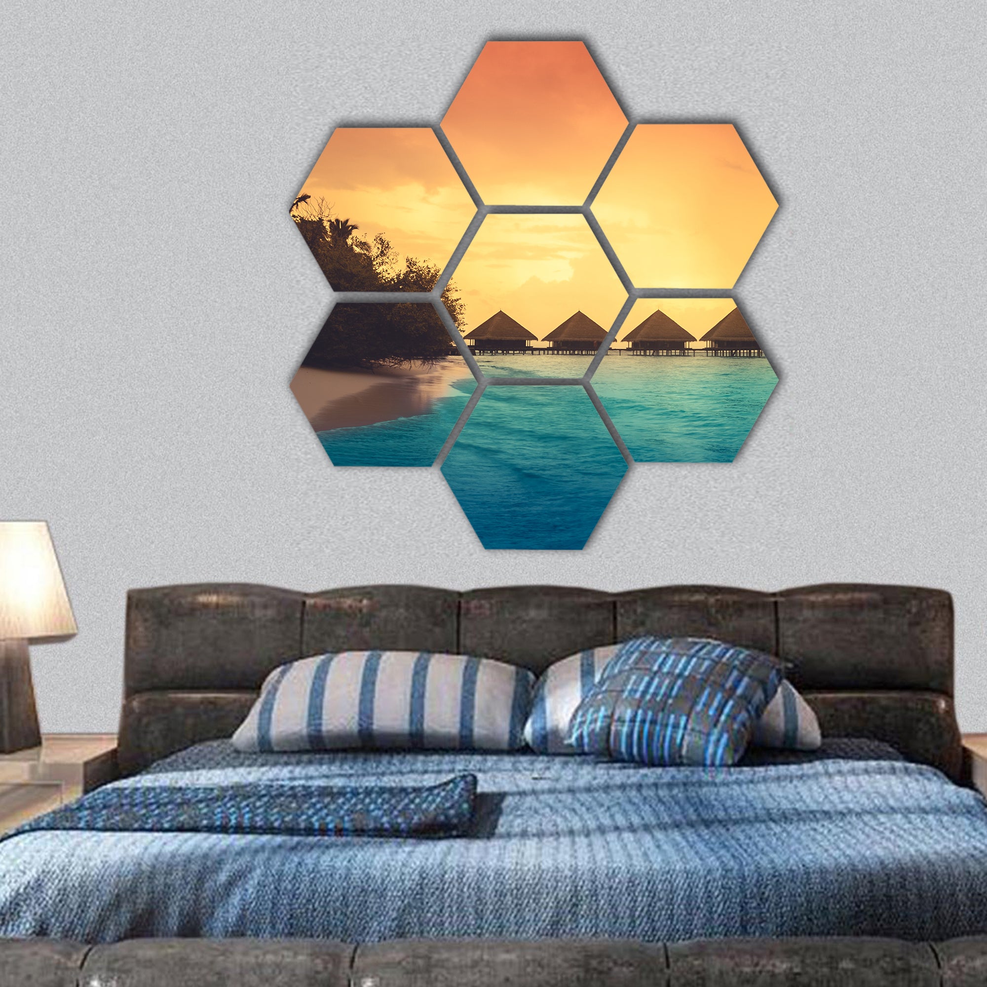 Over water bungalows with steps into amazing green lagoon hexagonal canvas wall art