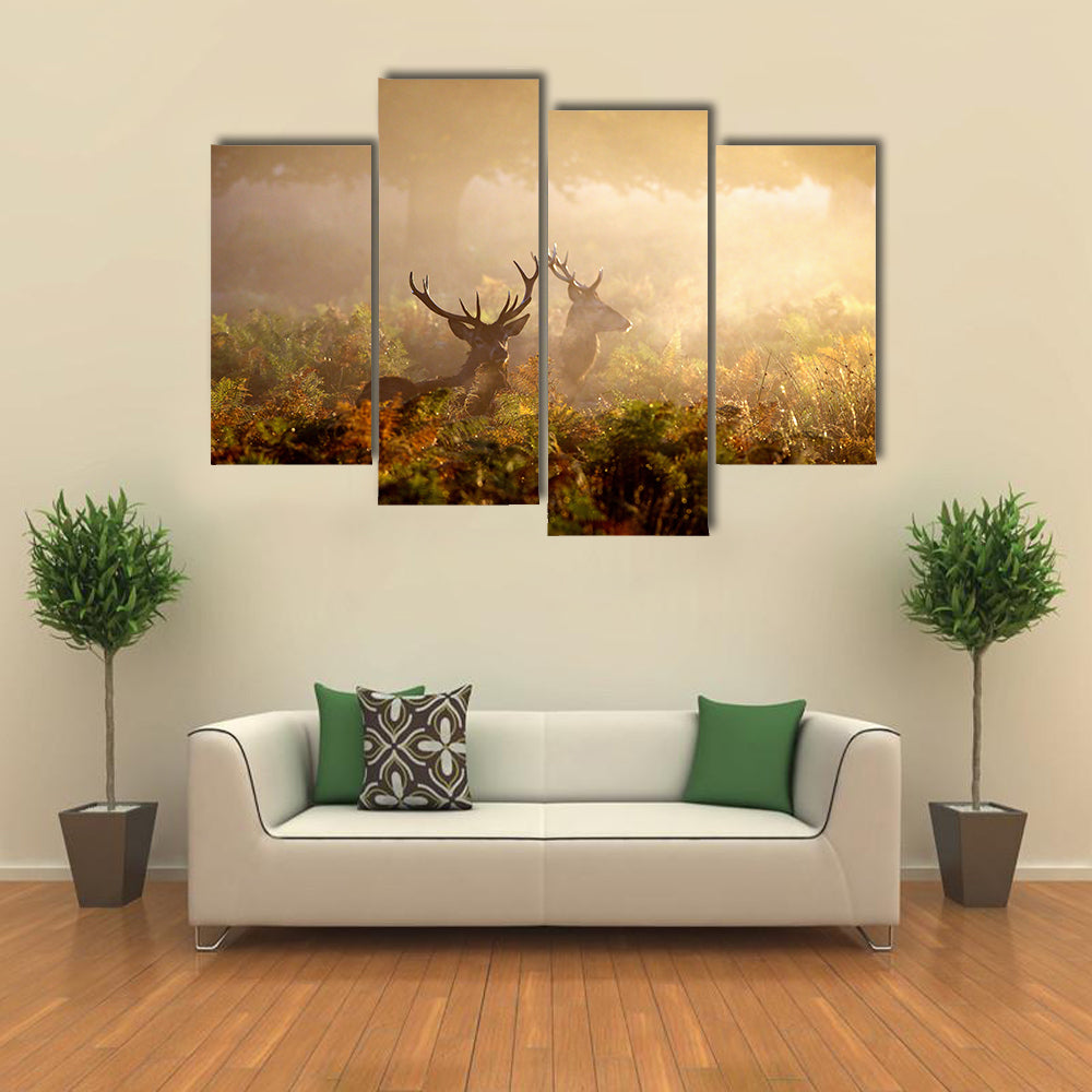 Two Red Deer Stags In The Dawn Mist Multi Panel Canvas Wall Art