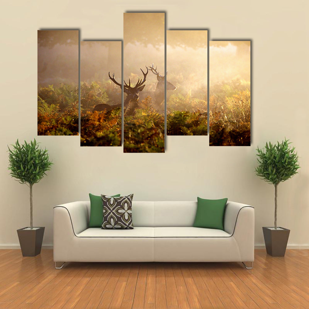 Two Red Deer Stags In The Dawn Mist Multi Panel Canvas Wall Art