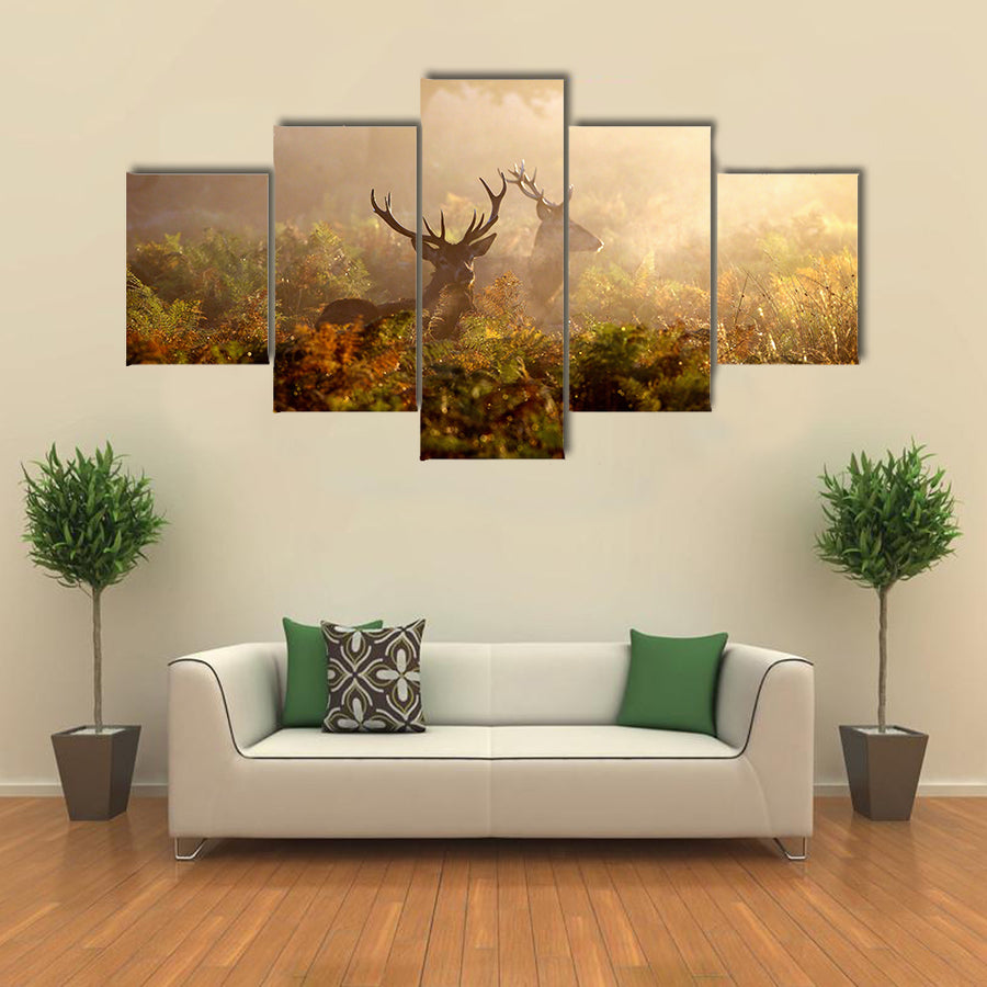 Two Red Deer Stags In The Dawn Mist Multi Panel Canvas Wall Art