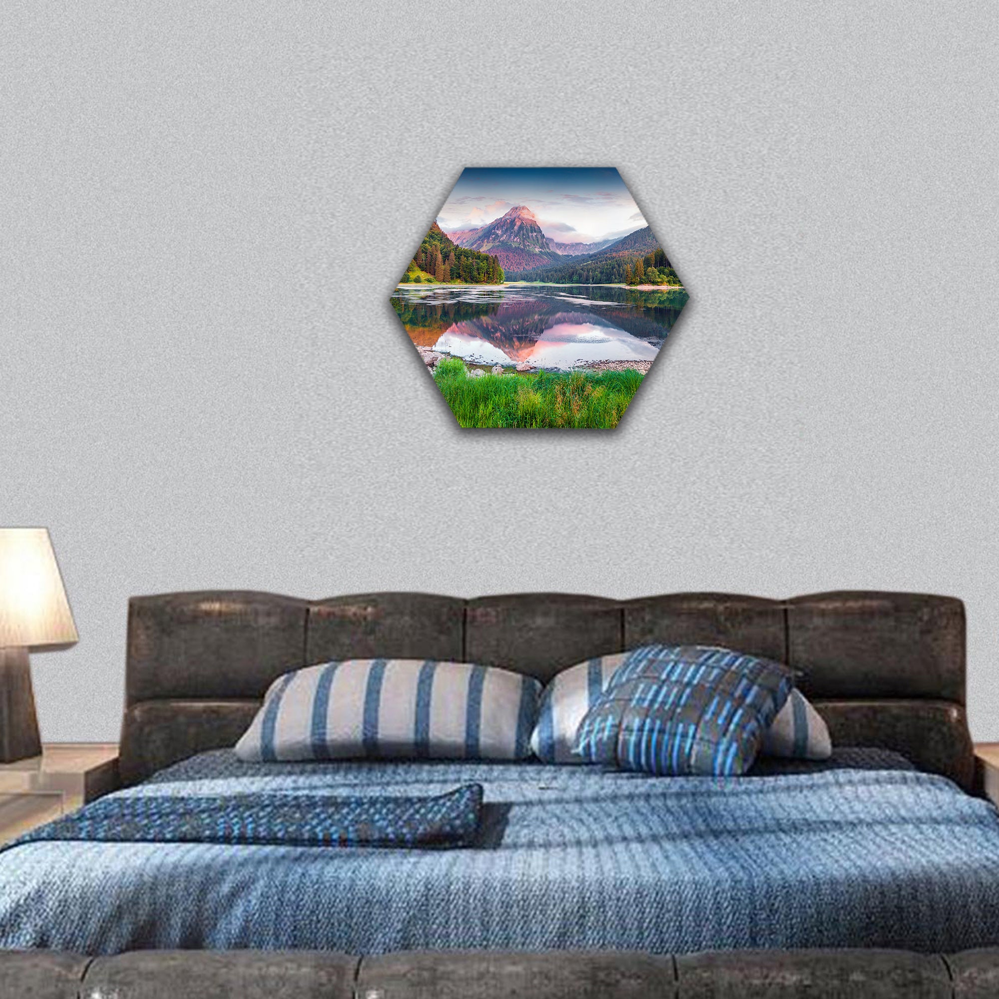 Swiss lake Obersee, located near Nafels village Alps hexagonal canvas wall art