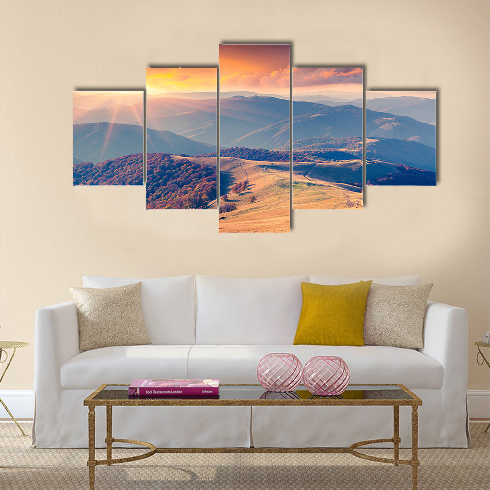 Colorful autumn sunrise in the Carpathian mountains Multi panel canvas wall art