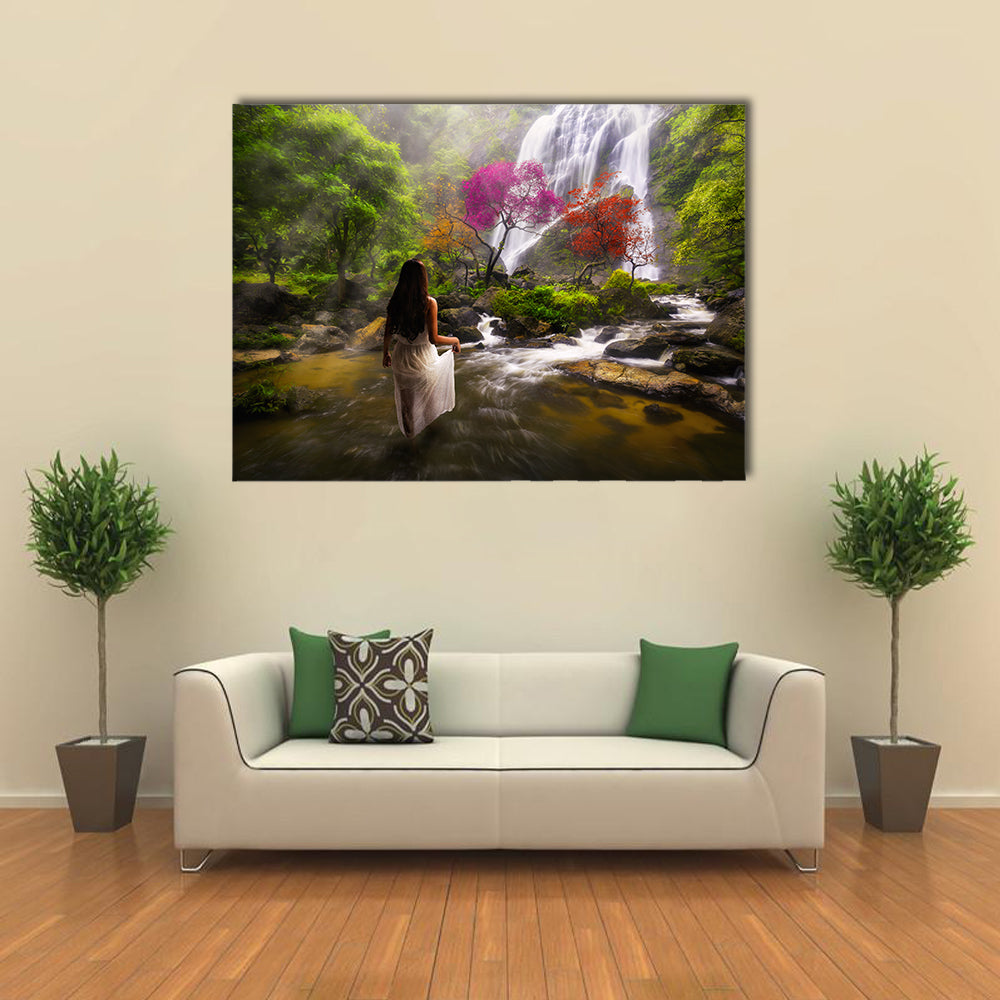 Young asian woman standing by a stream in the dreamy forest multi panel canvas wall art