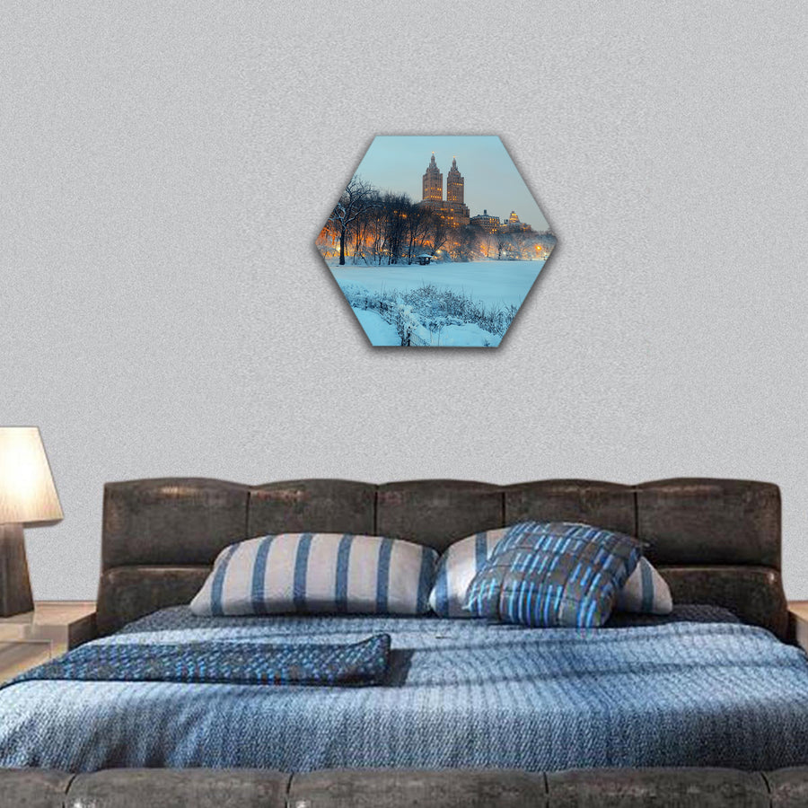 Central Park winter at night with skyscrapers in midtown Manhattan hexagonal canvas wall art