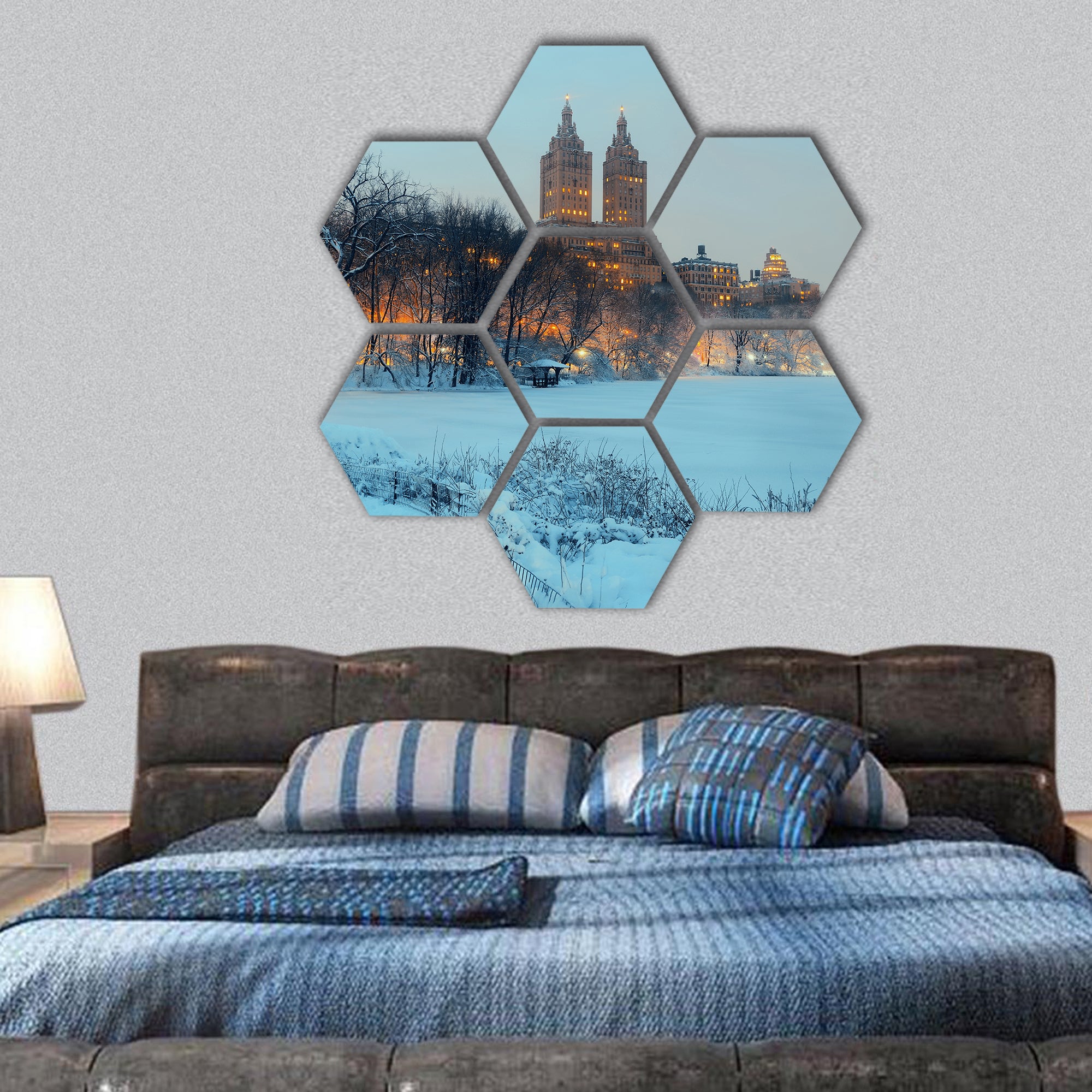 Central Park winter at night with skyscrapers in midtown Manhattan hexagonal canvas wall art