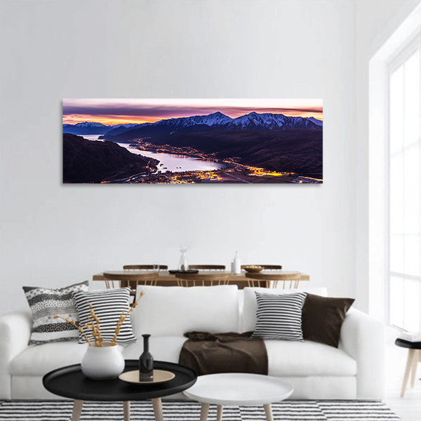 Frankton and Lake Wakatipu at twilight Queenstown, Panoramic Canvas Wall Art