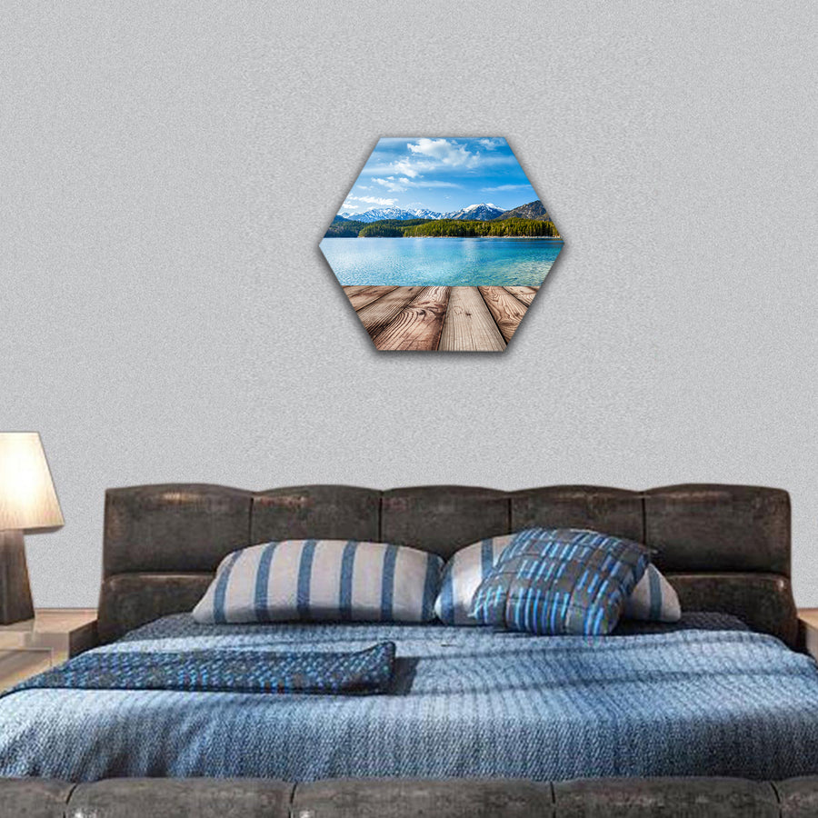 Wooden planks nature with lake in Alps, Germany hexagonal canvas wall art