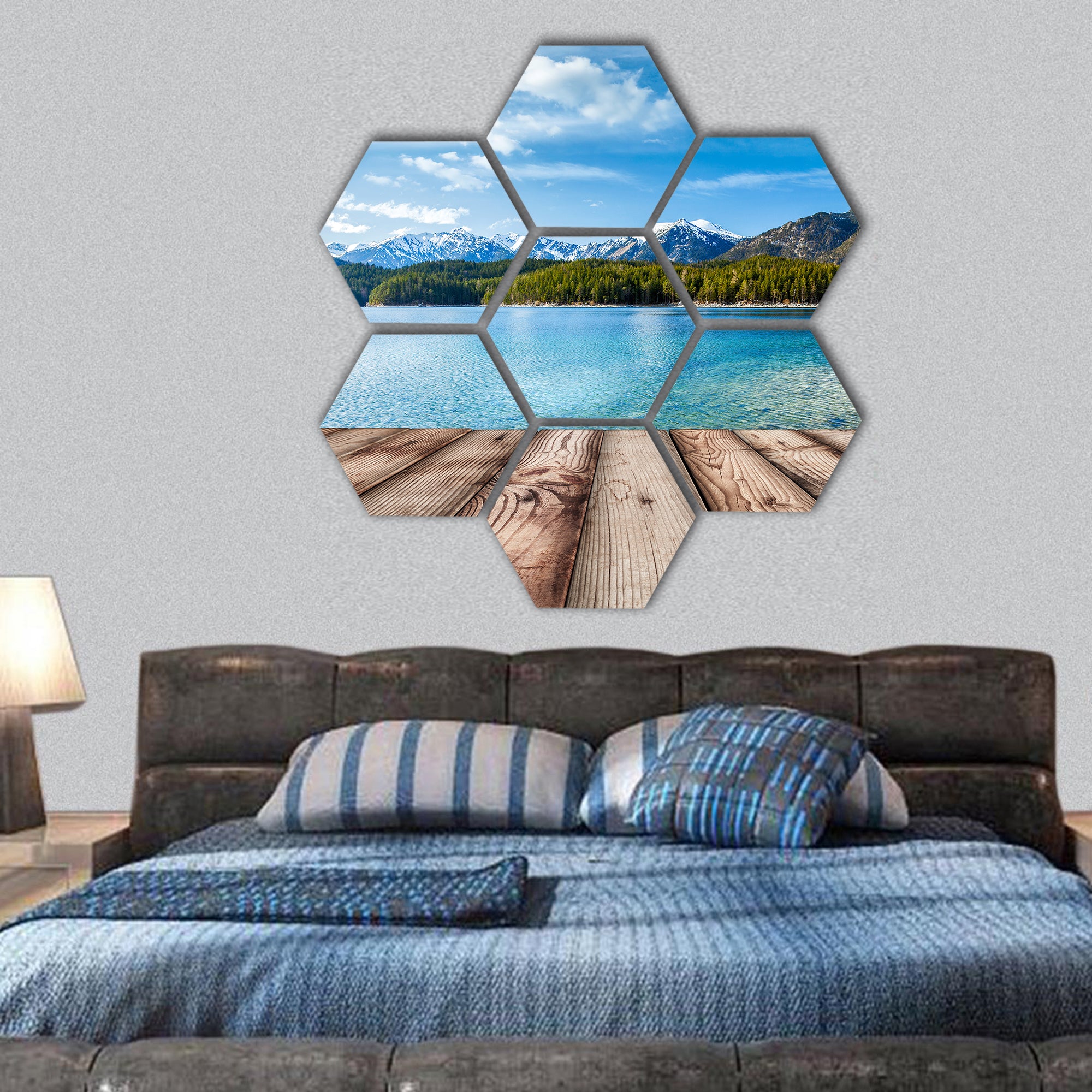 Wooden planks nature with lake in Alps, Germany hexagonal canvas wall art