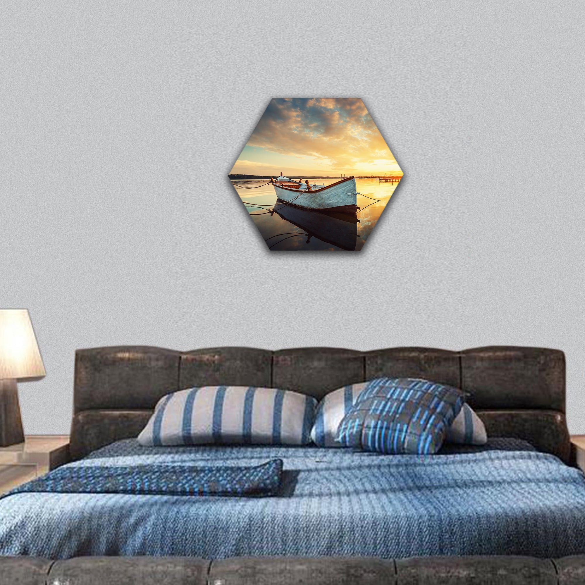 Boat on lake with a reflection in the water at sunset hexagonal canvas wall art