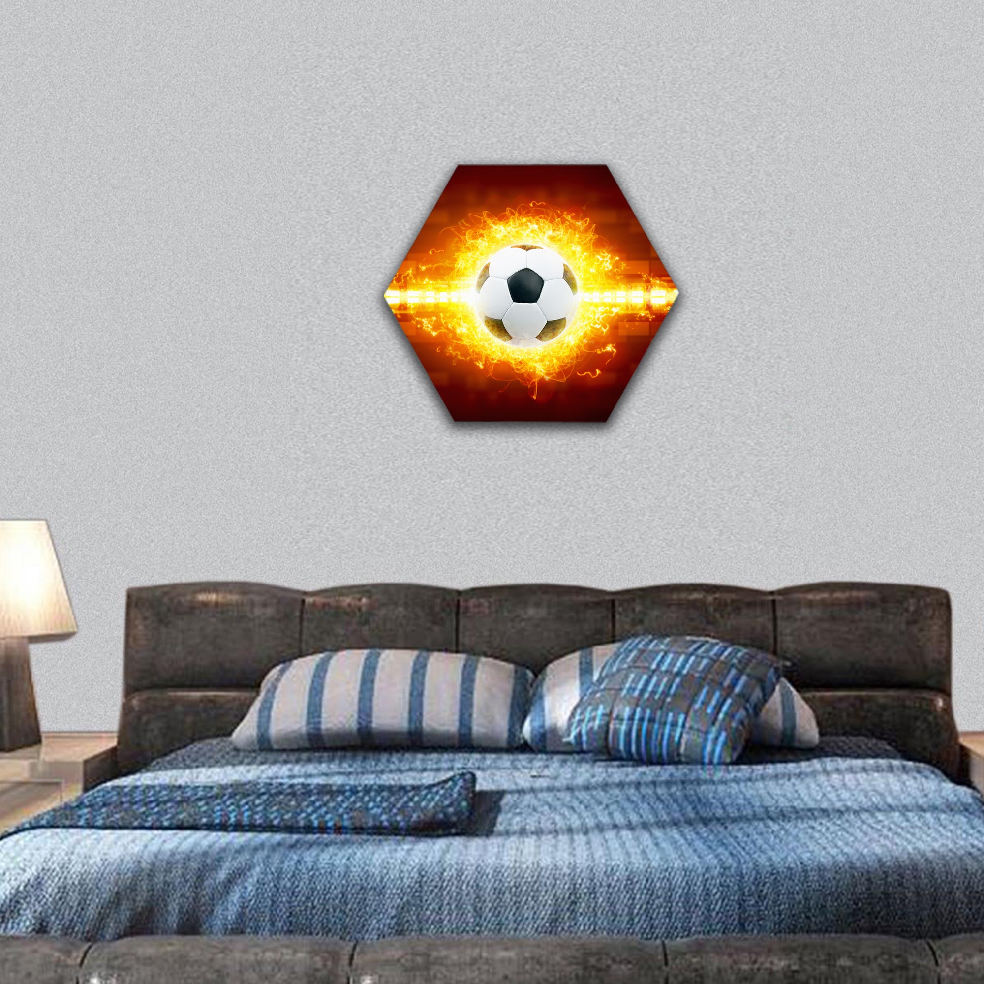 Abstract soccer background - burning soccer ball hexagonal canvas wall art