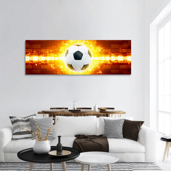 Burning soccer ball panoramic canvas wall art