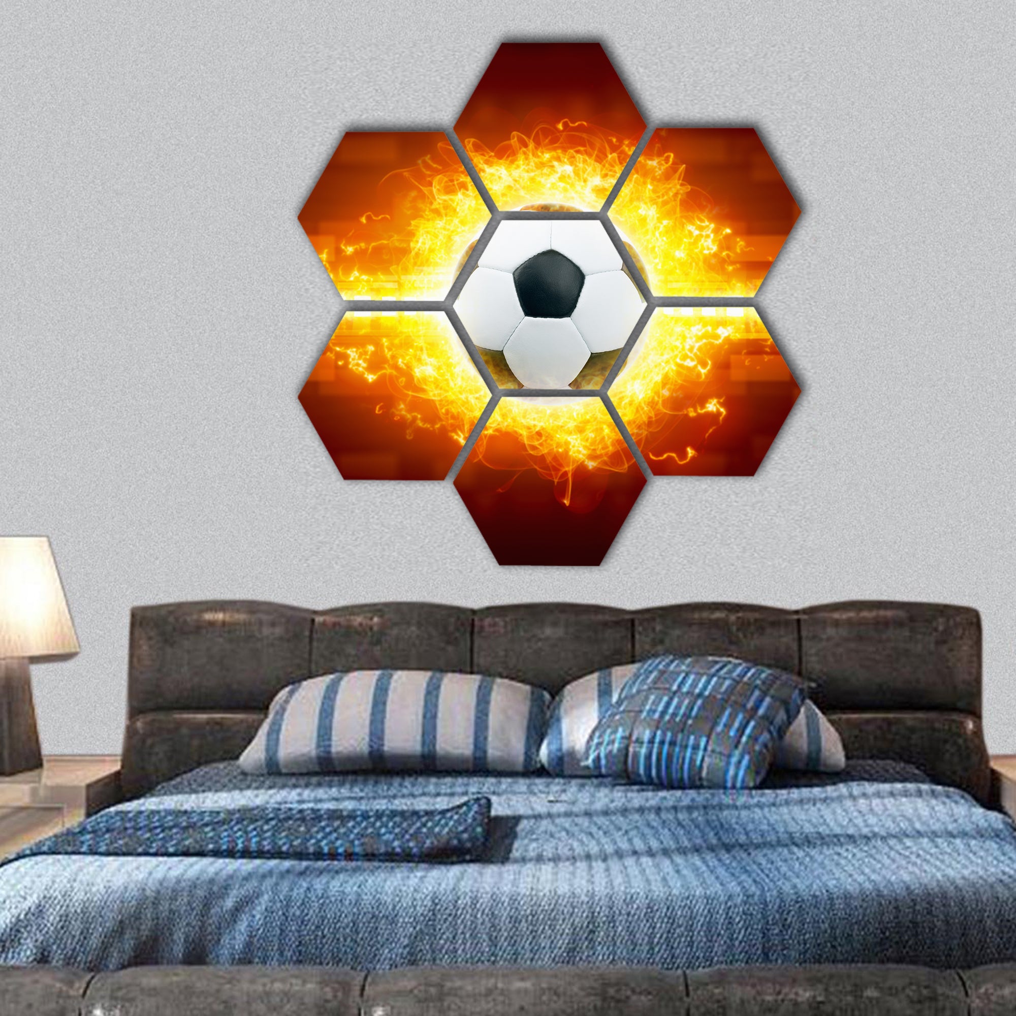 Abstract soccer background - burning soccer ball hexagonal canvas wall art