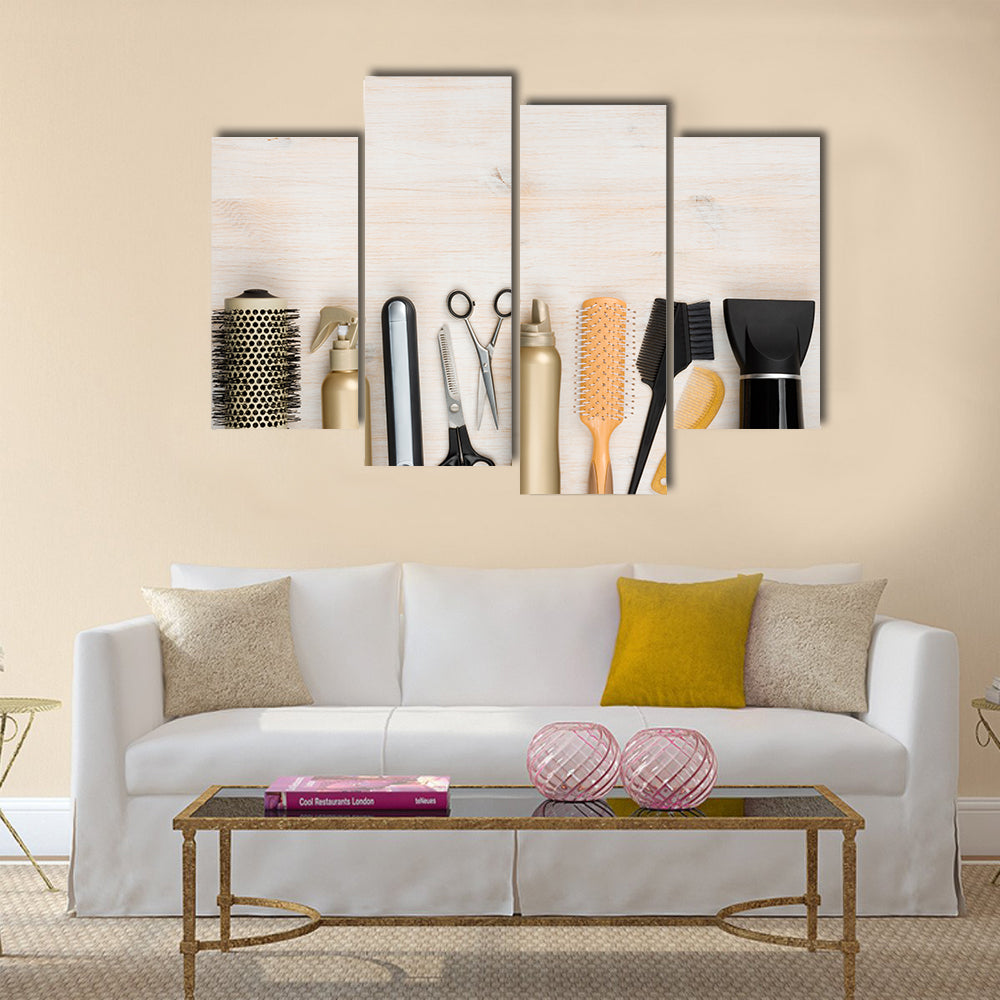 Hairdressing Tools on Wooden Background Multi Panel Canvas Wall Art