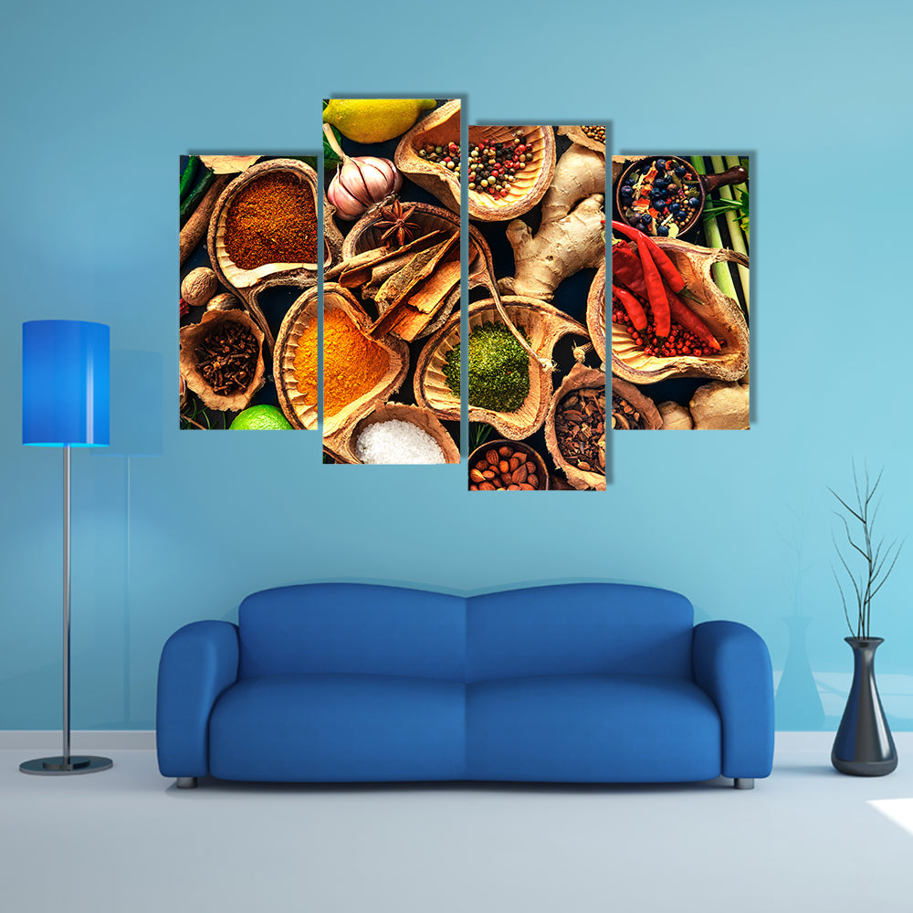 Various herbs and spices on wooden table Multi panel canvas wall art
