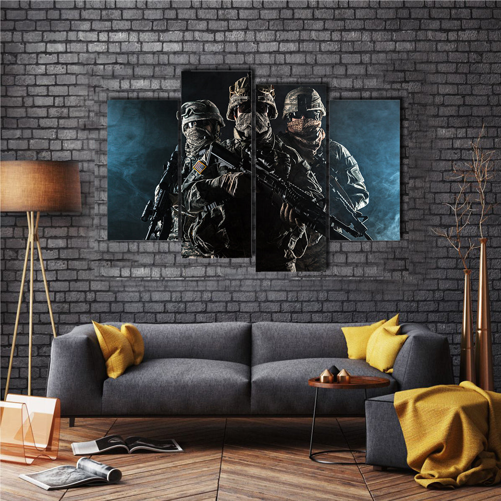 US Paratrooper Infantry In Smoke Multi Panel Canvas Wall Art