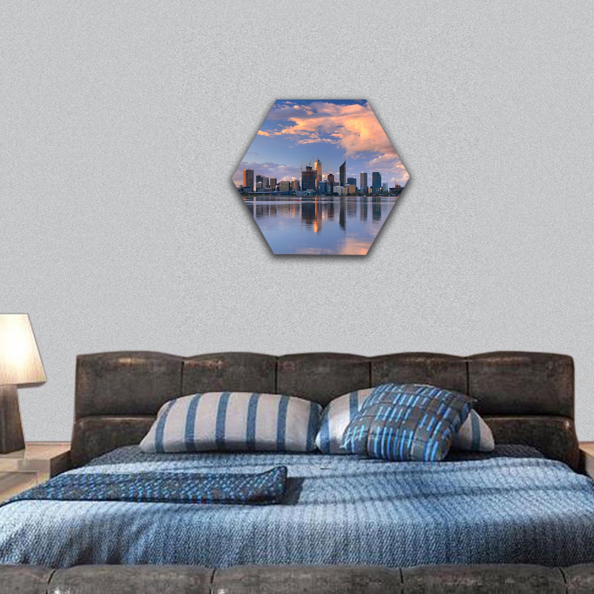 Skyline of Perth, Western Australia at sunset hexagonal canvas wall art