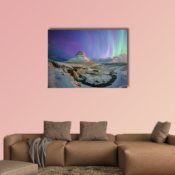 Spectacular northern lights appear over Mount Kirkjufell and waterfall in Iceland multi panel canvas wall art