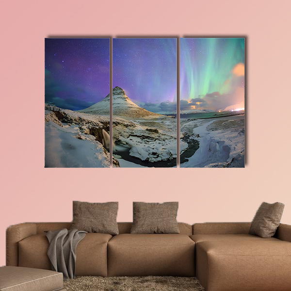 Spectacular northern lights appear over Mount Kirkjufell and waterfall in Iceland multi panel canvas wall art