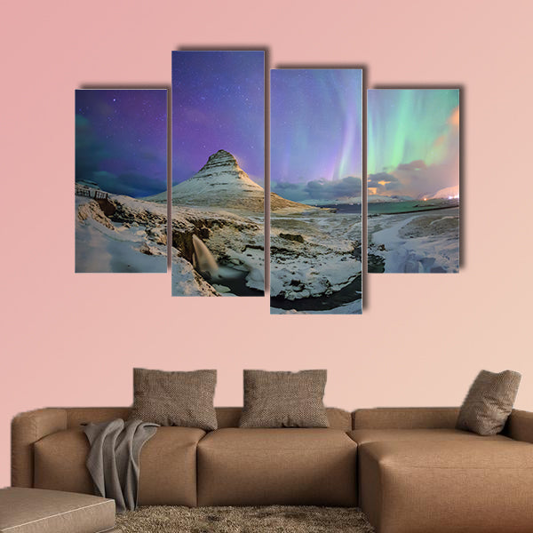 Spectacular northern lights appear over Mount Kirkjufell and waterfall in Iceland multi panel canvas wall art
