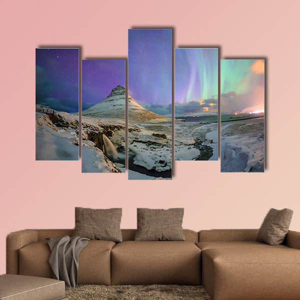 Spectacular northern lights appear over Mount Kirkjufell and waterfall in Iceland multi panel canvas wall art