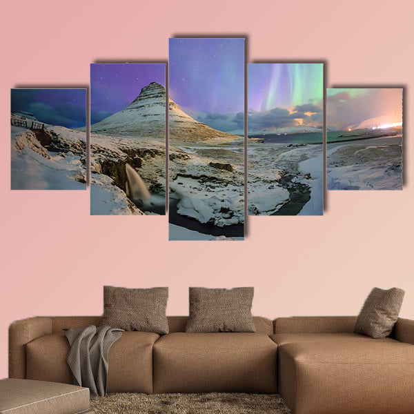 Spectacular northern lights appear over Mount Kirkjufell and waterfall in Iceland multi panel canvas wall art